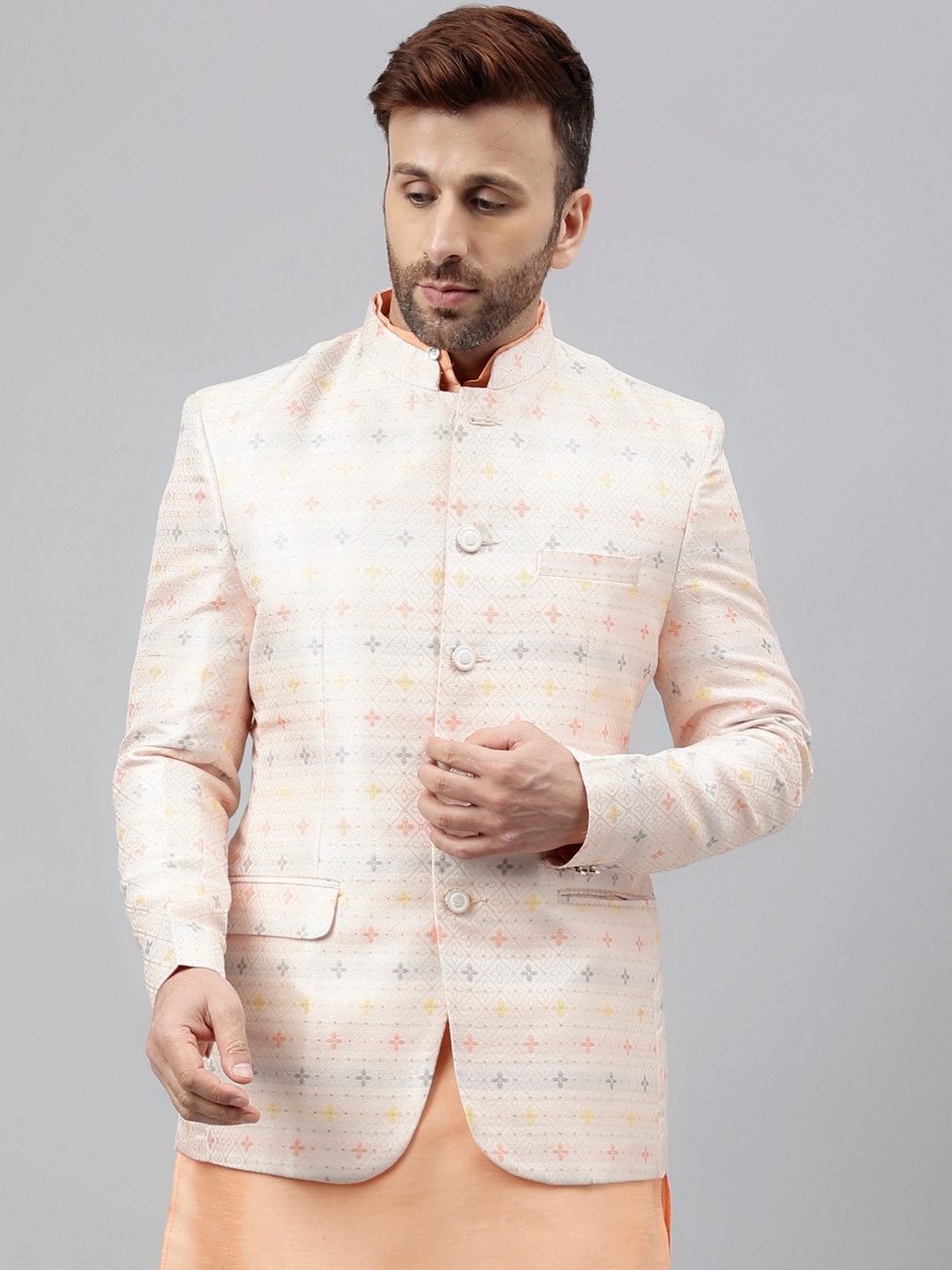 

Vgyaan Woven Design Jacquard Bandhgala Blazer, Off white