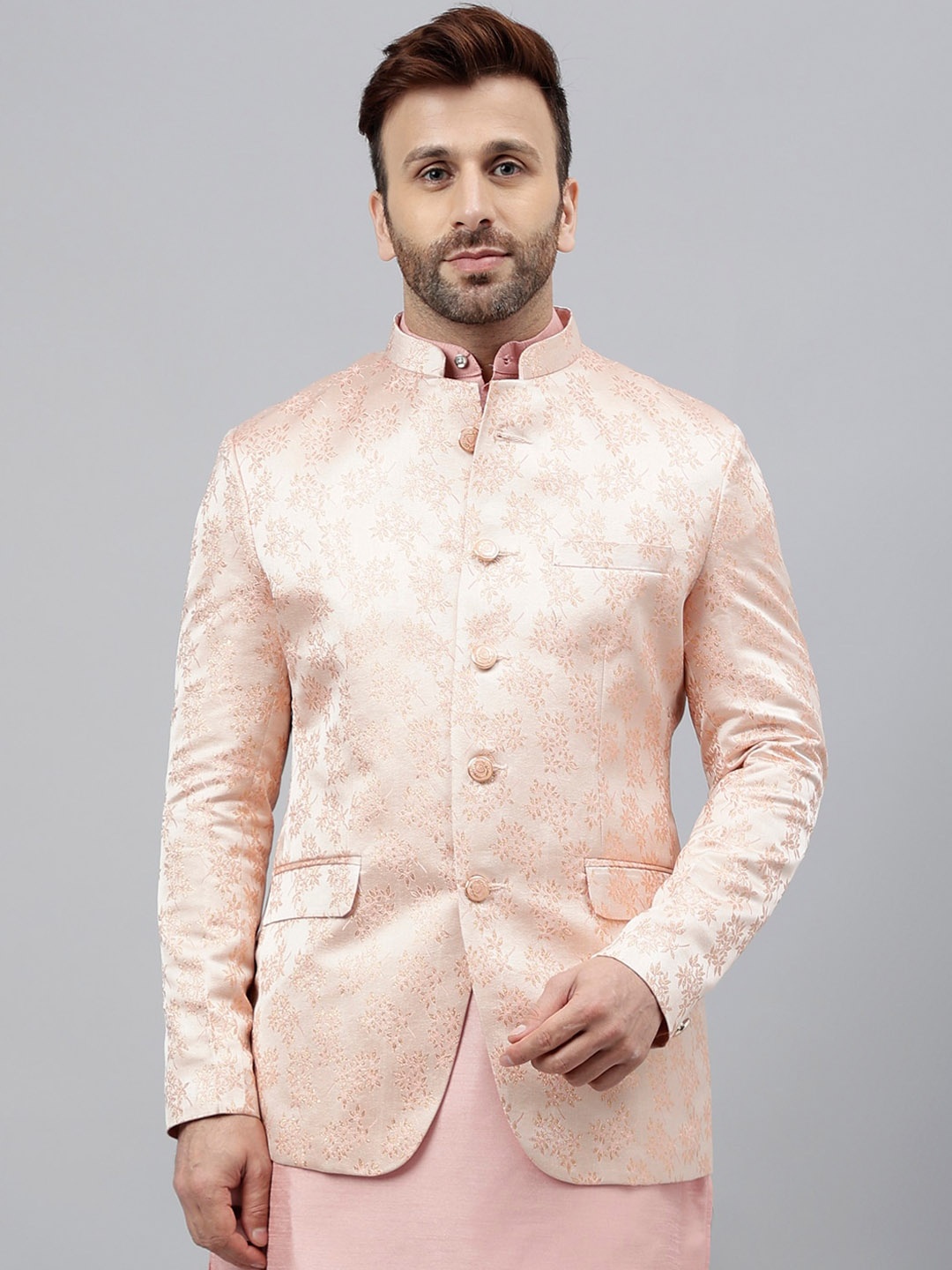 

Vgyaan Self Design Mandarin Collar Bandhgala Blazer, Pink