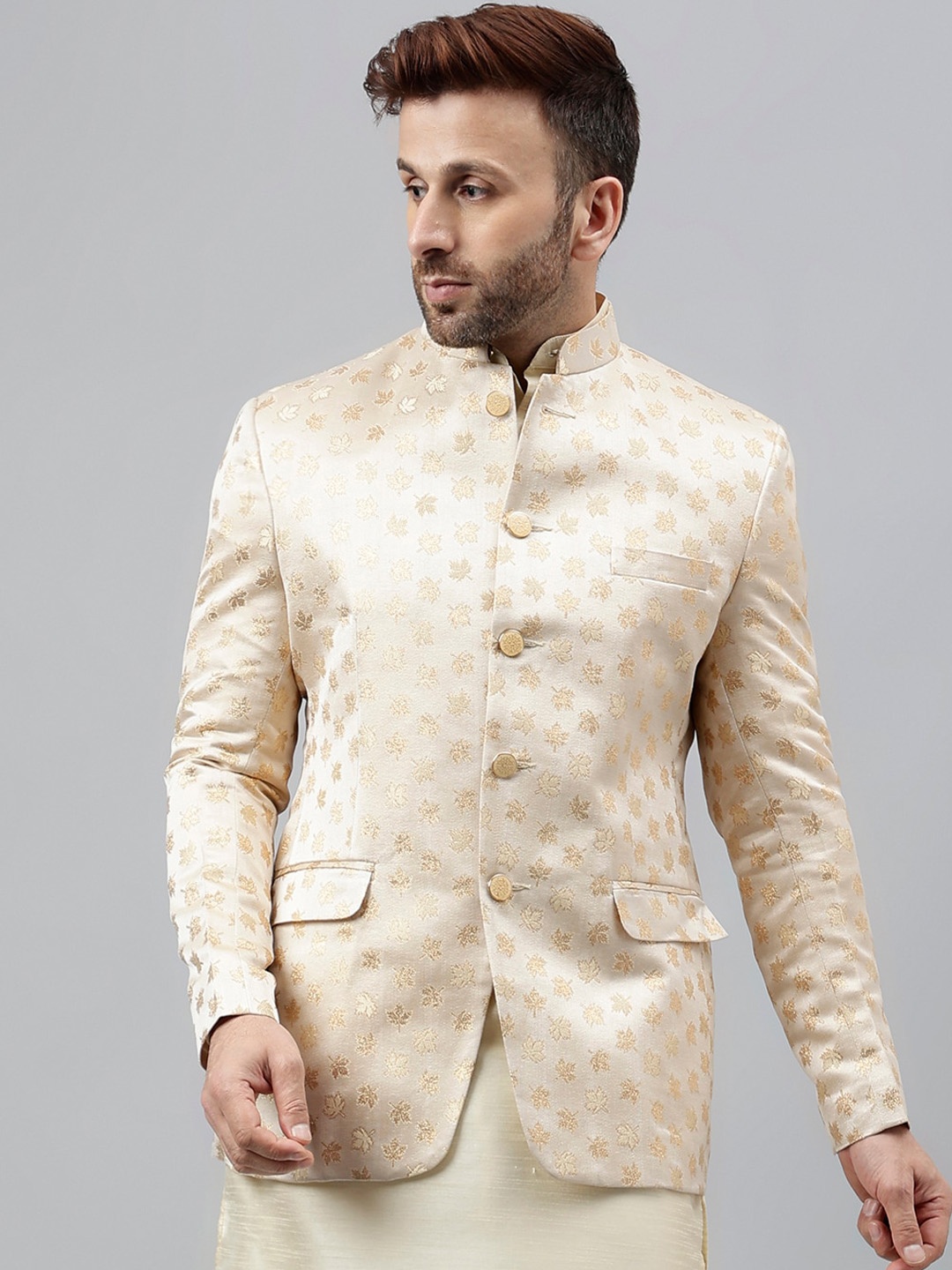 

Vgyaan Self Design Mandarin Collar Bandhgala Blazer, Cream