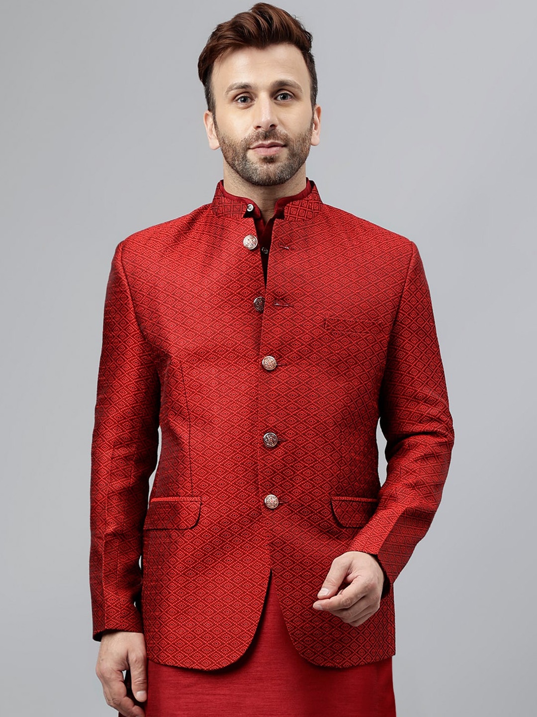 

Vgyaan Woven Design Bandhgala Ethnic Blazers, Maroon