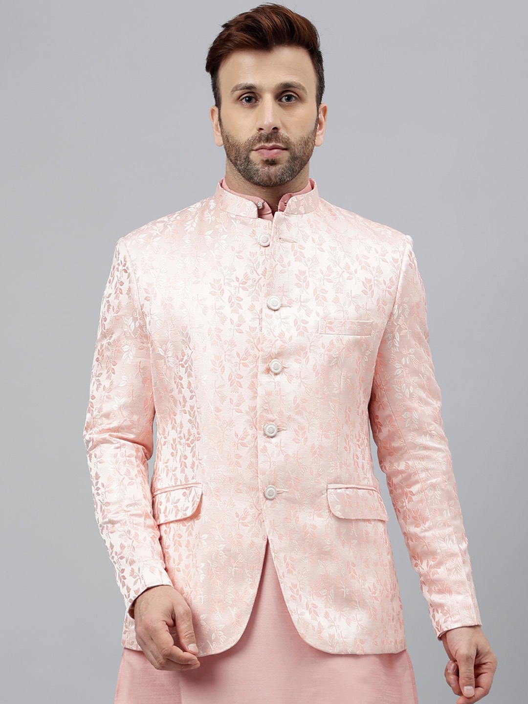 

Vgyaan Jacquard Mandarin Collar Bandhgala Blazer, Pink