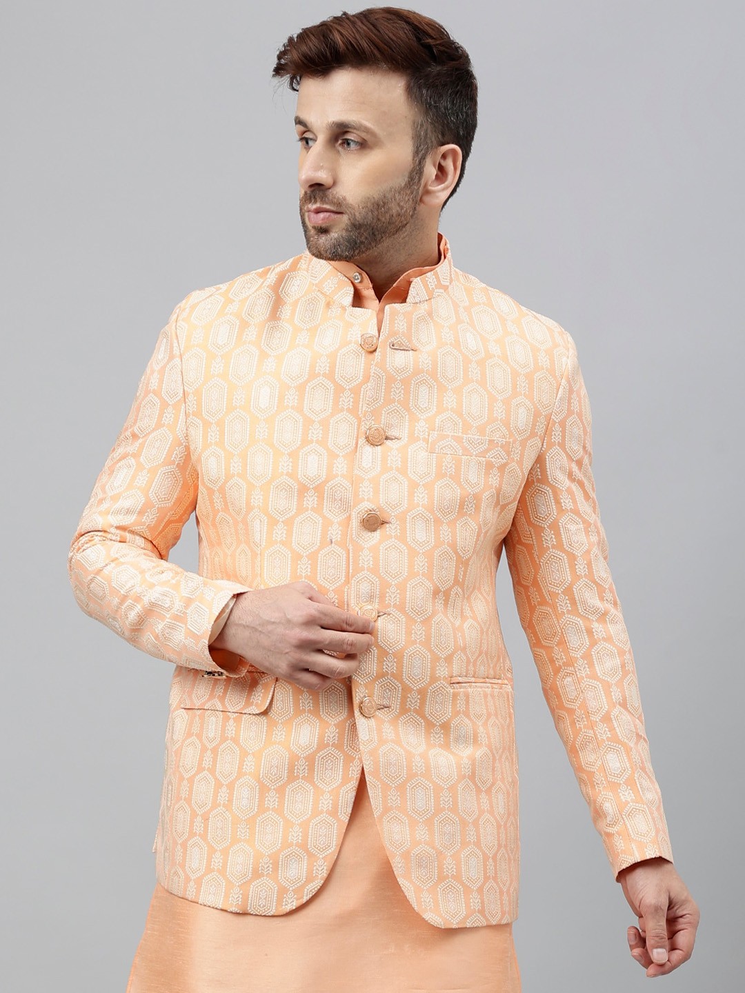 

Vgyaan Printed Bandhgala Jacquard Blazer, Peach