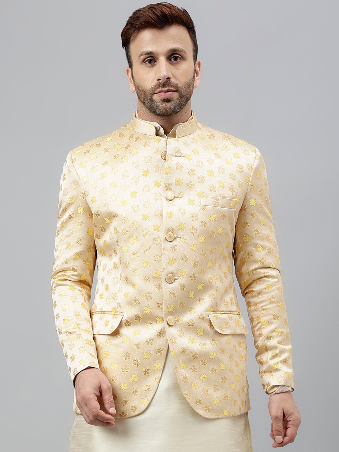 

Vgyaan Woven Design Mandarin Collar Bandhgala Ethnic Blazer, Cream