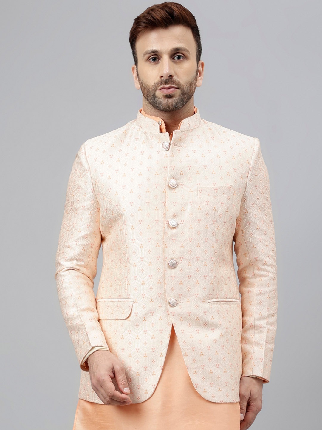 

Vgyaan Woven Design Bandhgala Ethnic Blazer, Peach