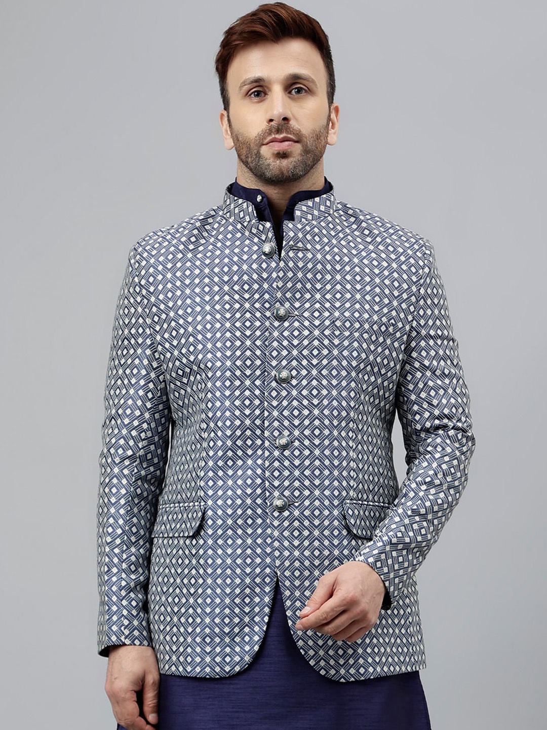 

Vgyaan Printed Mandarin Collar Nehru Jackets, Navy blue