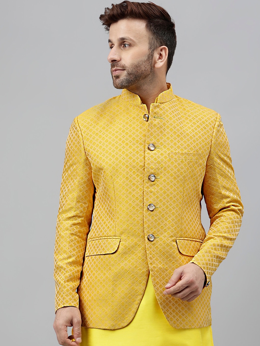 

Vgyaan Woven Design Jacquard Bandhgala Blazer, Yellow