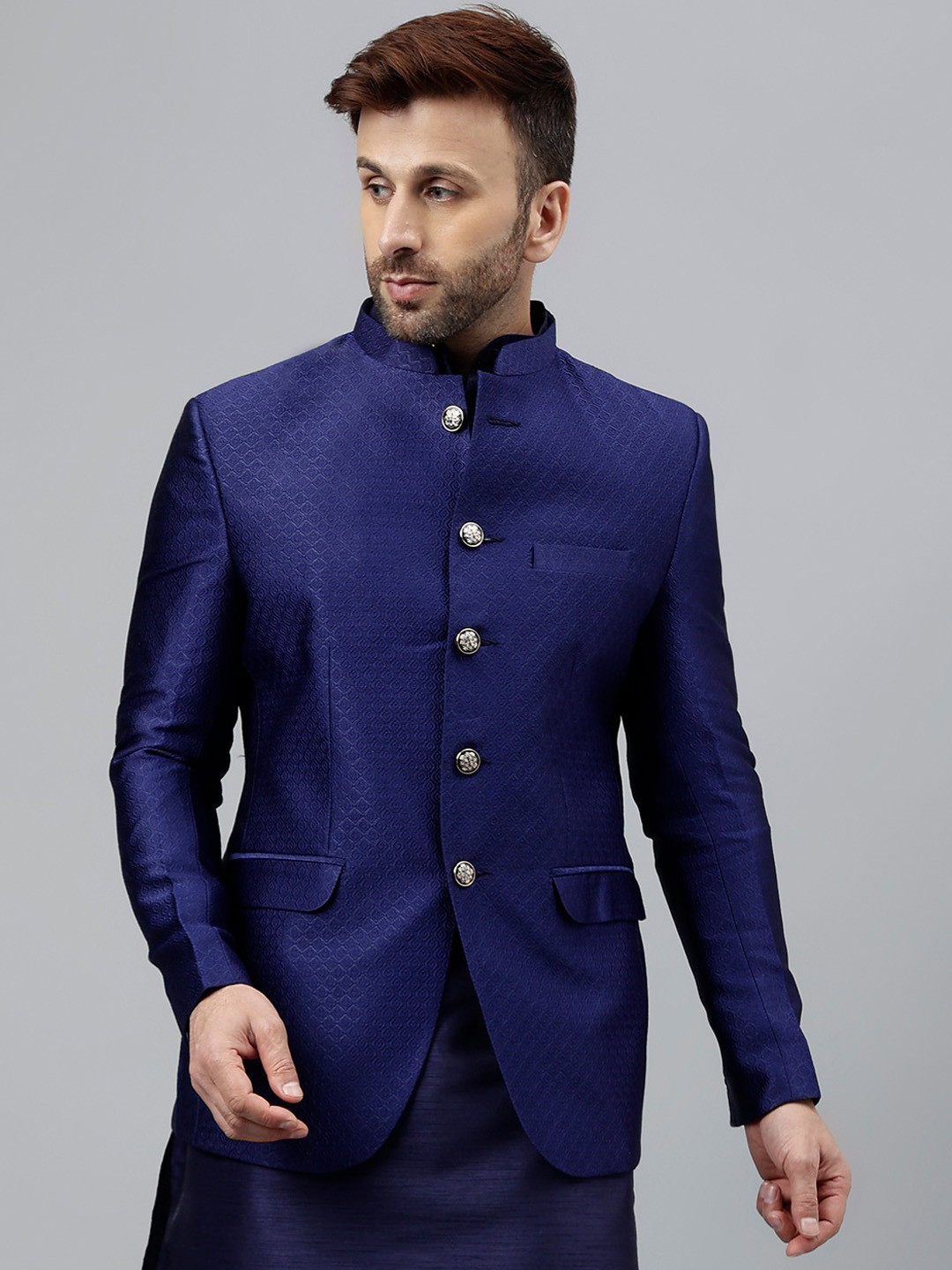 

Vgyaan Self-Design Mandarin Collar Bandhgala Blazer, Navy blue
