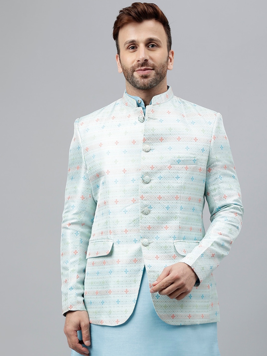 

Vgyaan Self Design Bandhgala Blazer, Blue