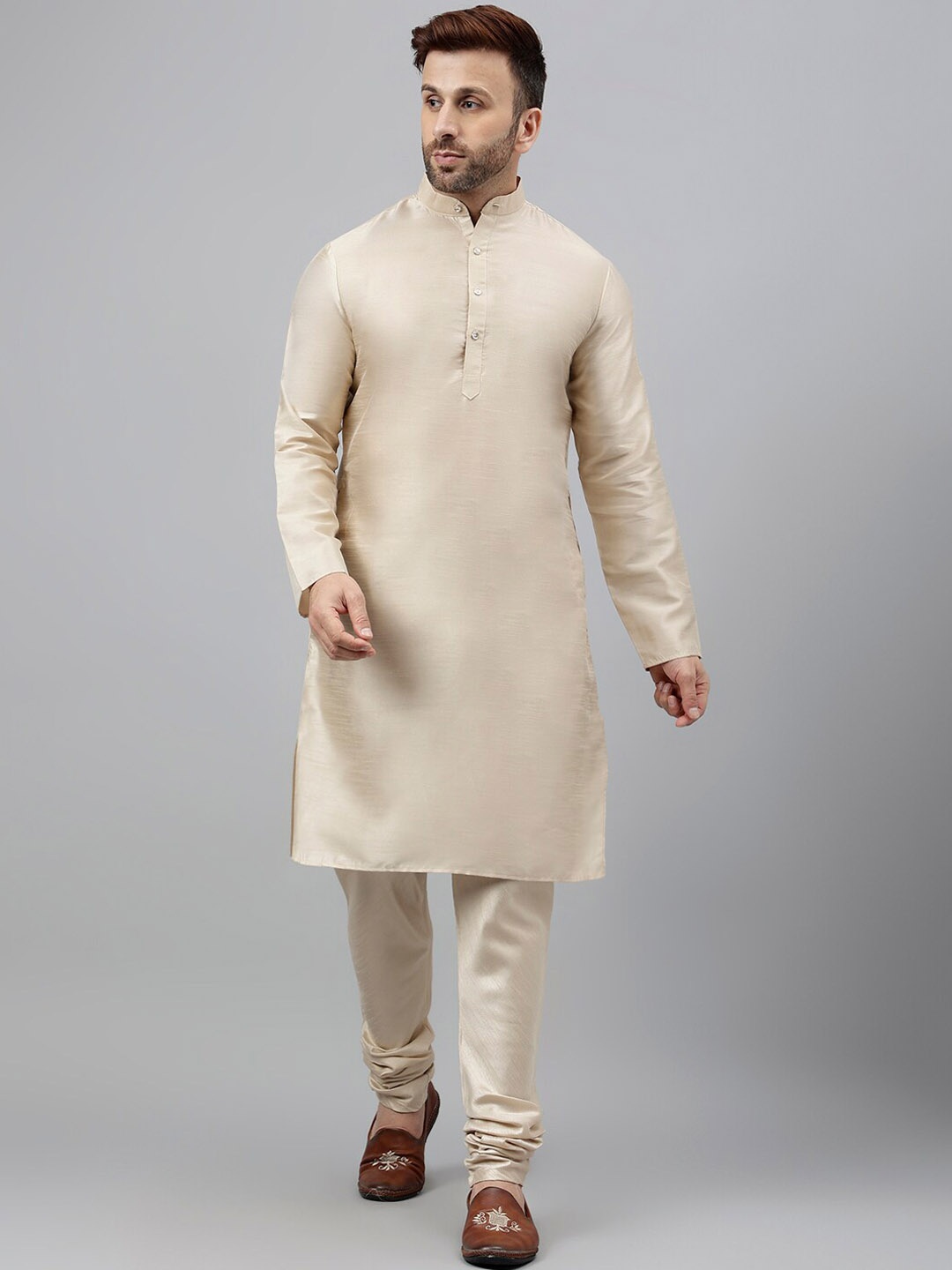 

Vgyaan Mandarin Collar Kurta with Churidar & Nehru Jacket, Beige