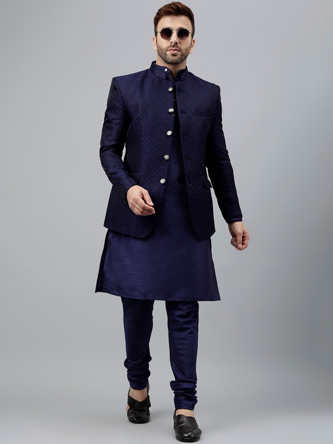 

Vgyaan Mandarin Collar Kurta with Churidar And Nehru Jacket, Navy blue