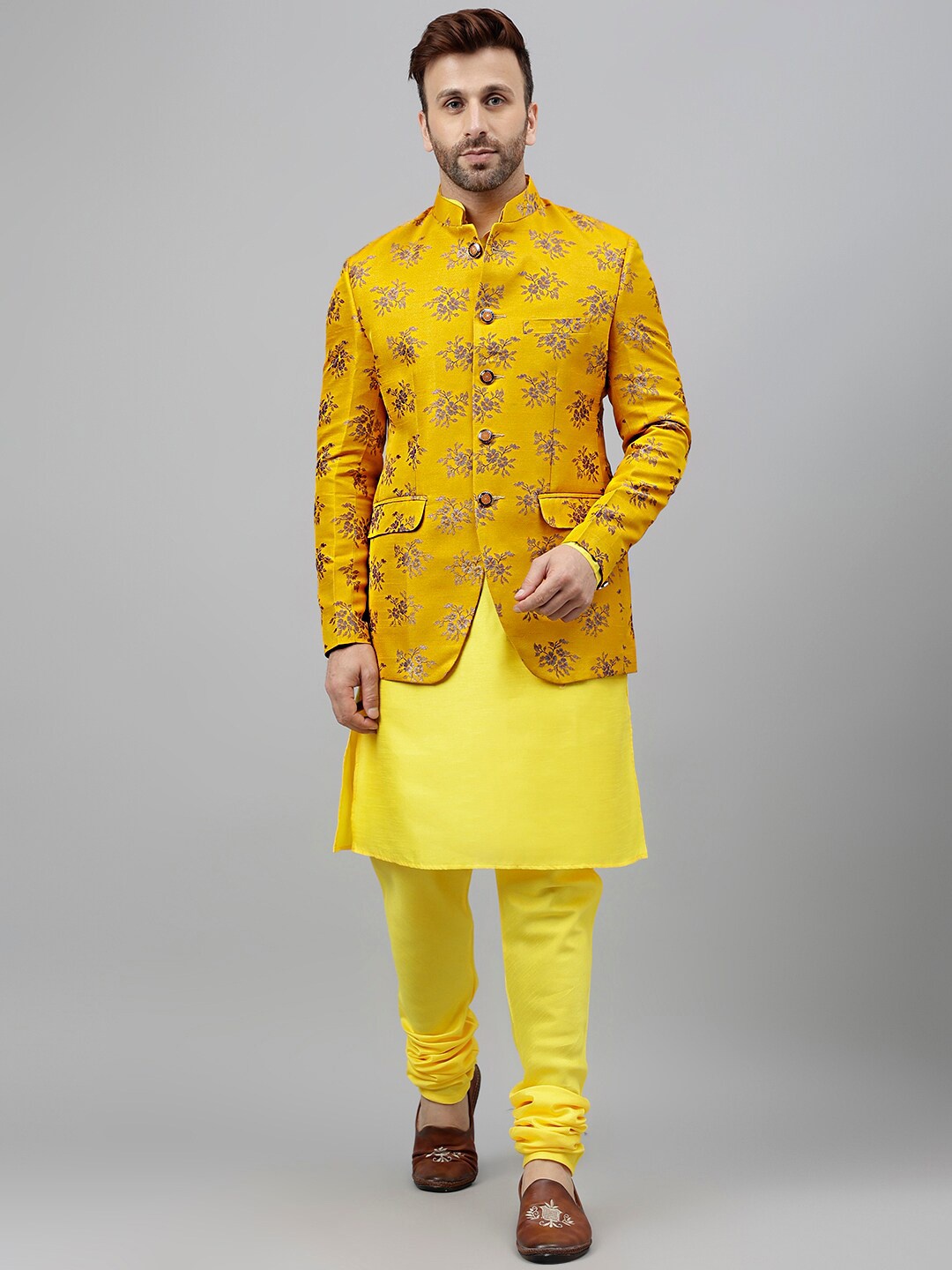 

Vgyaan Regular Kurta With Churidar & Nehru Jacket, Yellow