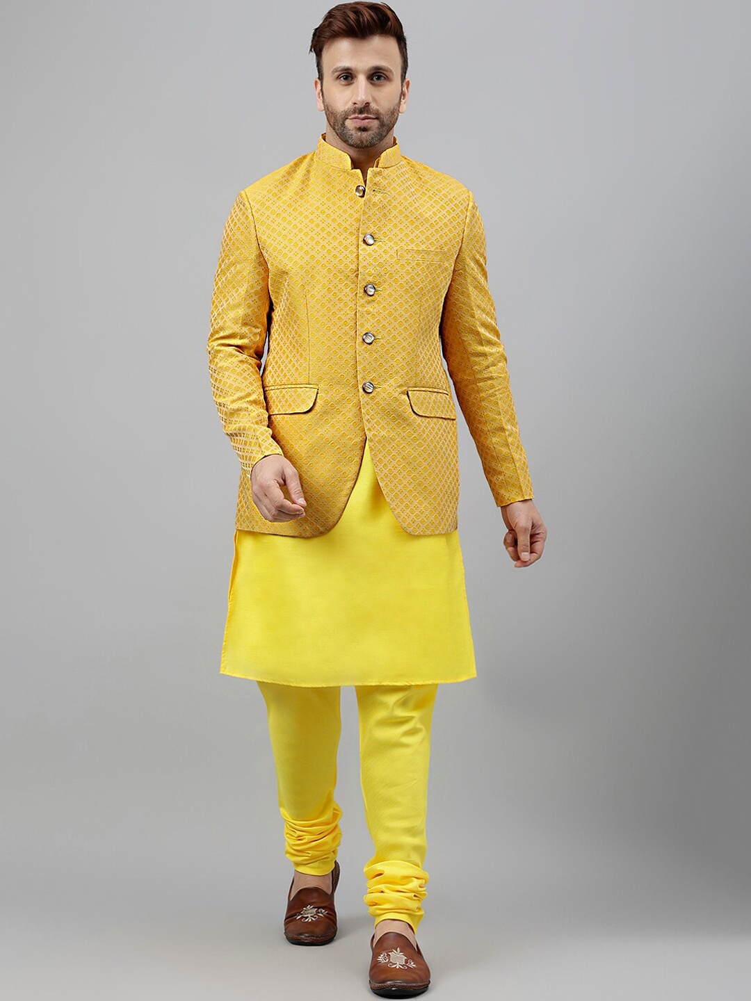 

Vgyaan Regular Kurta With Churidar & Nehru Jacket, Yellow