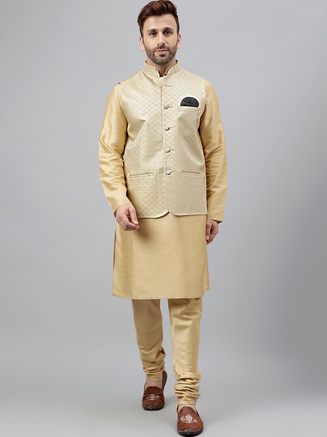 

Vgyaan Band Collar Straight Kurta With Churidar & Nehru jacket, Khaki