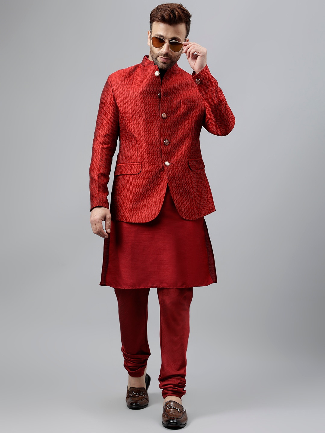 

Vgyaan Band Collar Straight Kurta With Churidar & Nehru Jacket, Maroon