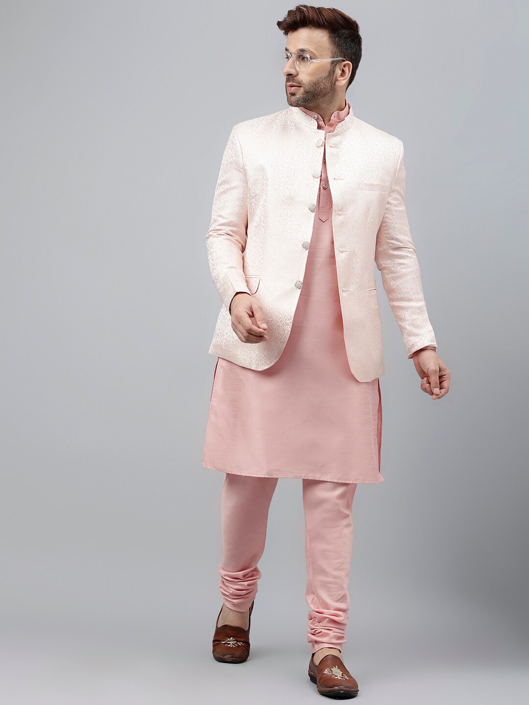 

Vgyaan Band Collar Straight Kurta With Churidar & Jacket, Pink
