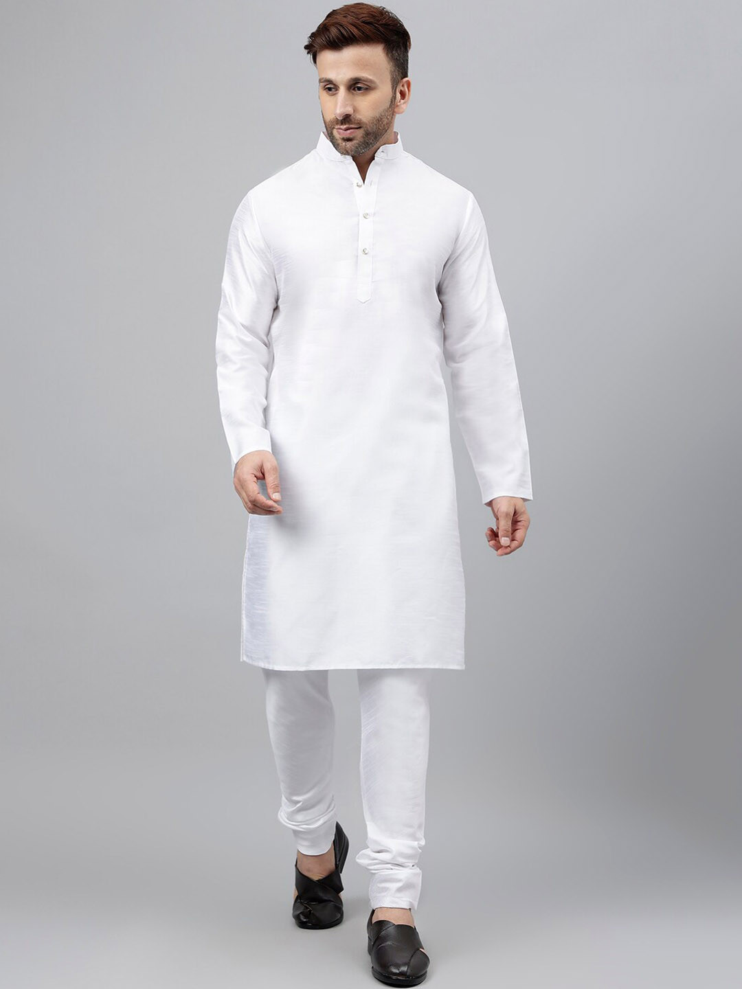 

Vgyaan Band Collar Straight Kurta With Pyjamas & Nehru Jacket, White