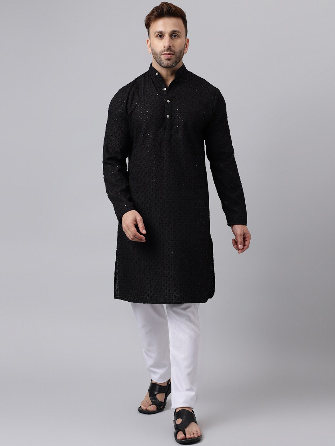 

Vgyaan Floral Embroidered Regular Sequinned Kurta With Trousers, Black