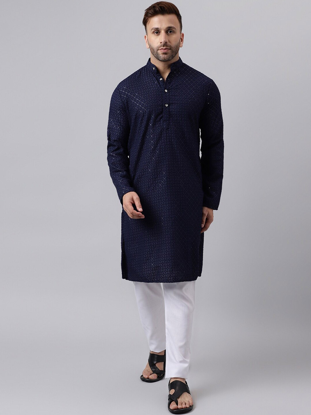 

Vgyaan Embroidered Sequinned Kurta with Pyjamas, Navy blue