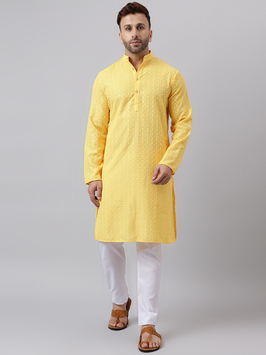 

Vgyaan Floral Embroidered Kurta With Pyjamas, Yellow