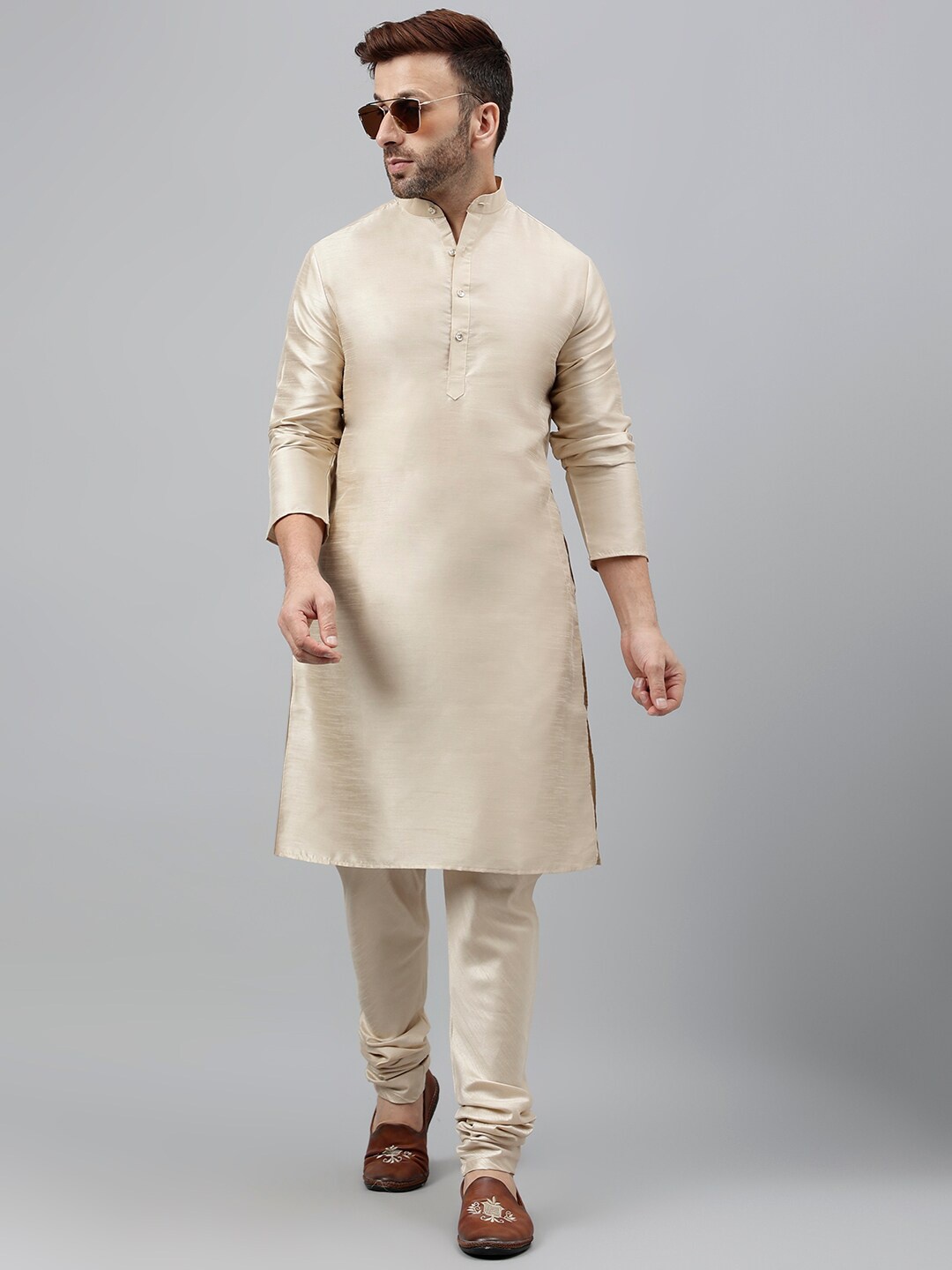 

Vgyaan Mandarin Collar Regular Kurta With Churidar, Brown