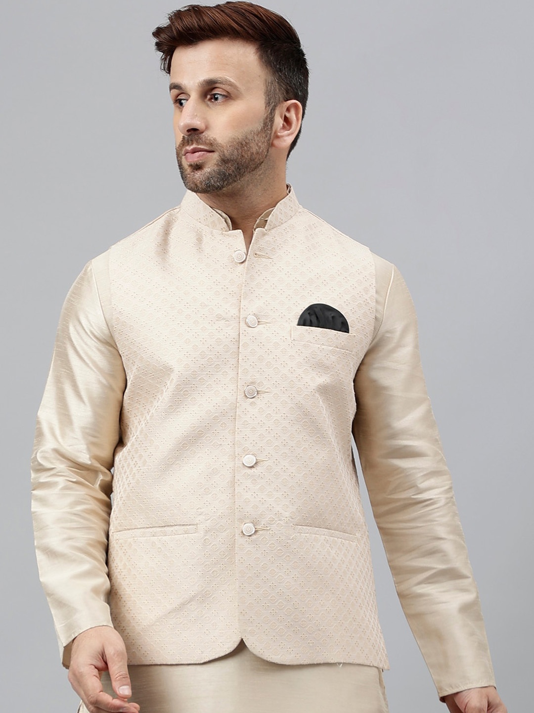 

Vgyaan Printed Woven Nehru Jackets, Beige
