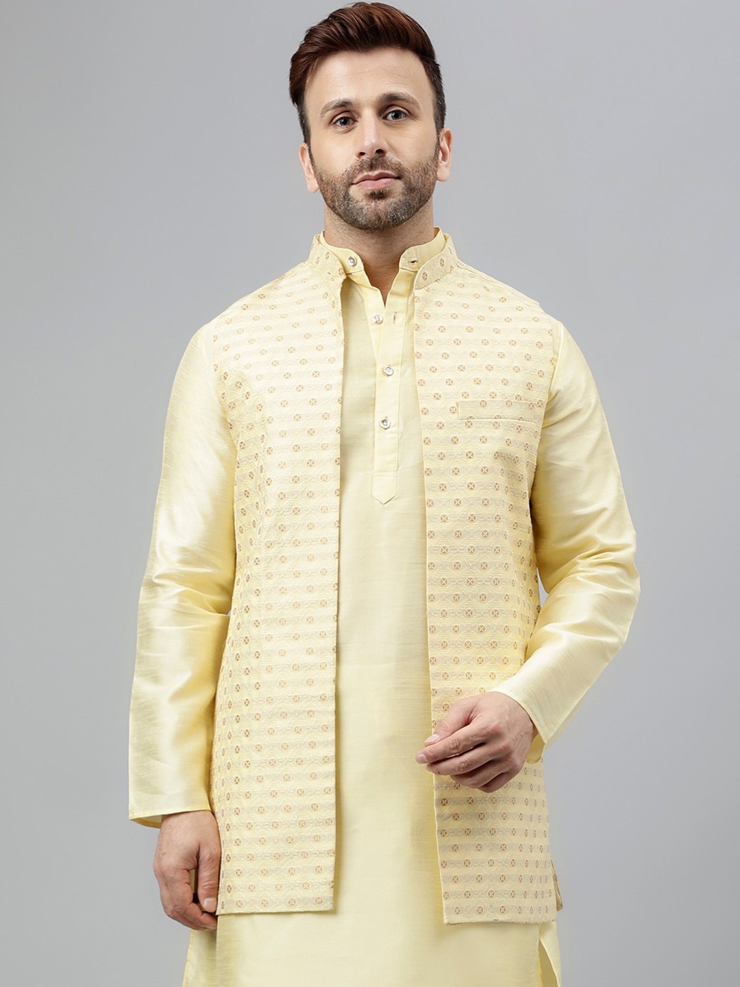 

Vgyaan Woven Design Jacquard Open Front Long Nehru Jacket, Yellow