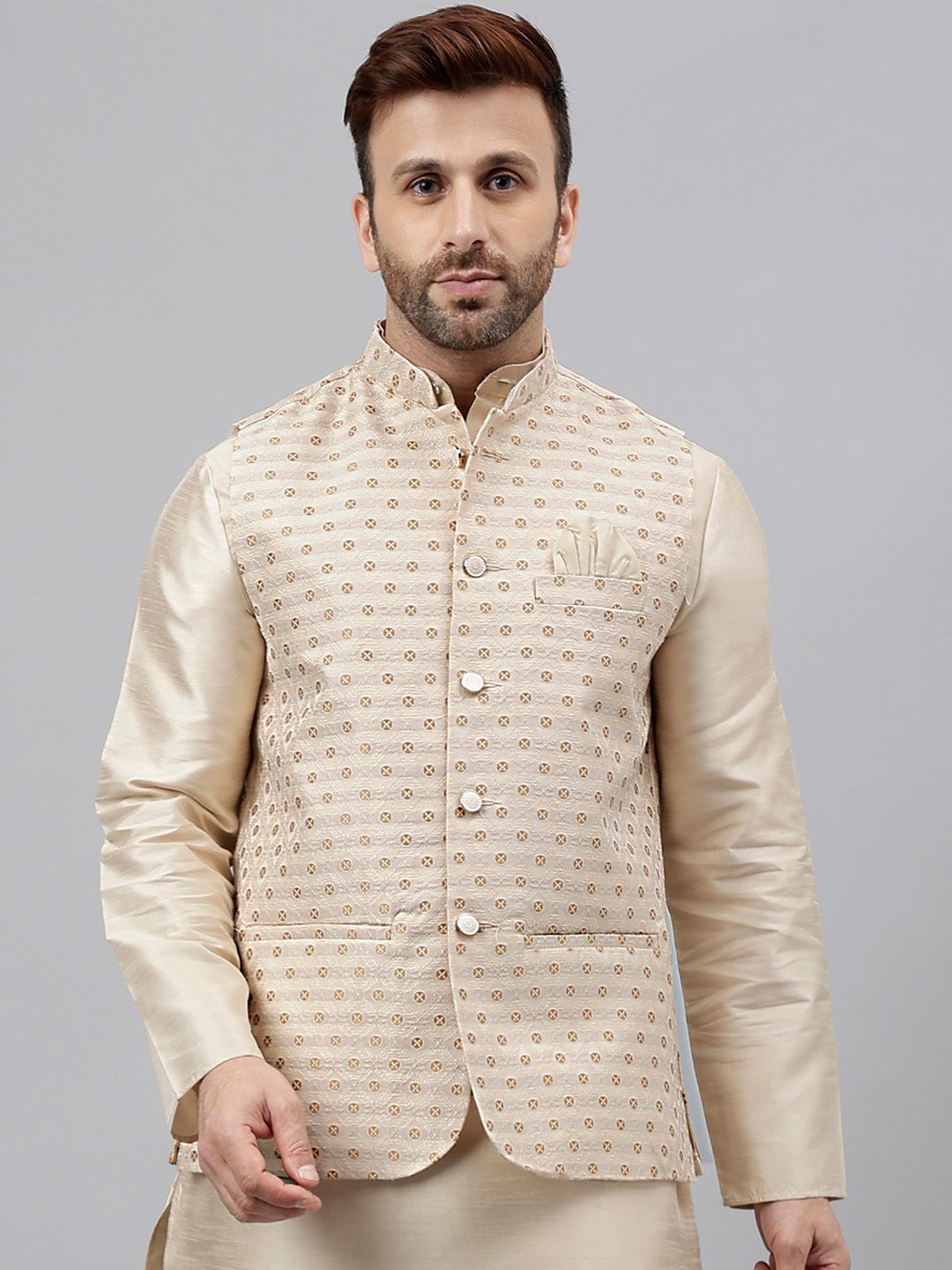 

Vgyaan Printed Woven Nehru Jacket, Beige