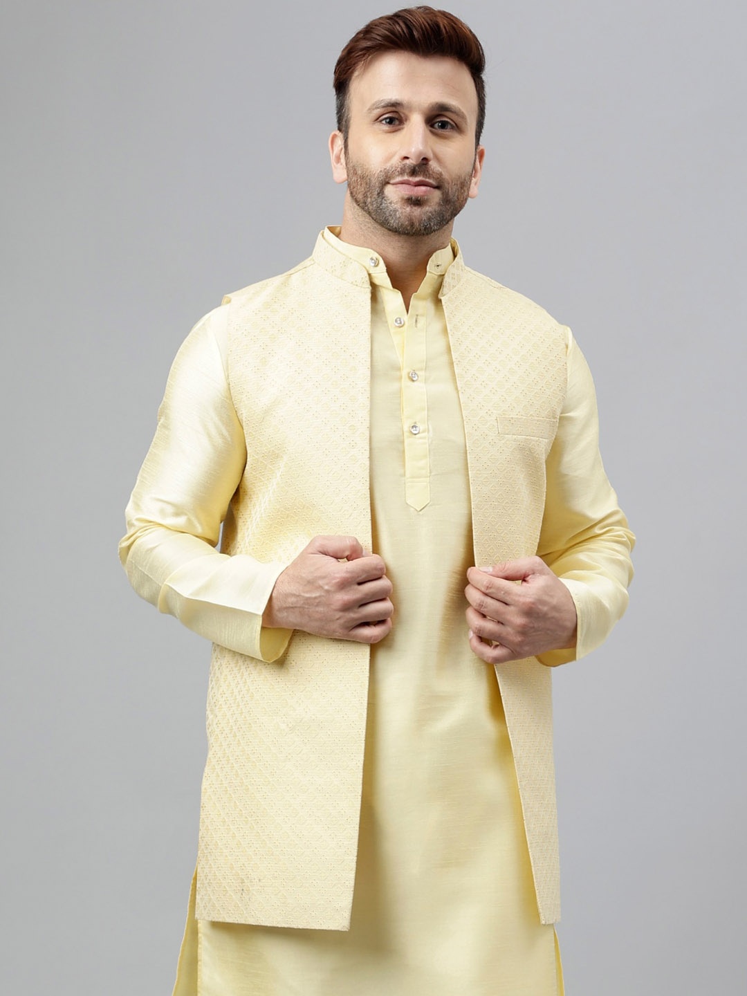 

Vgyaan Mandarin Collar Woven Design Nehru Jacket, Yellow