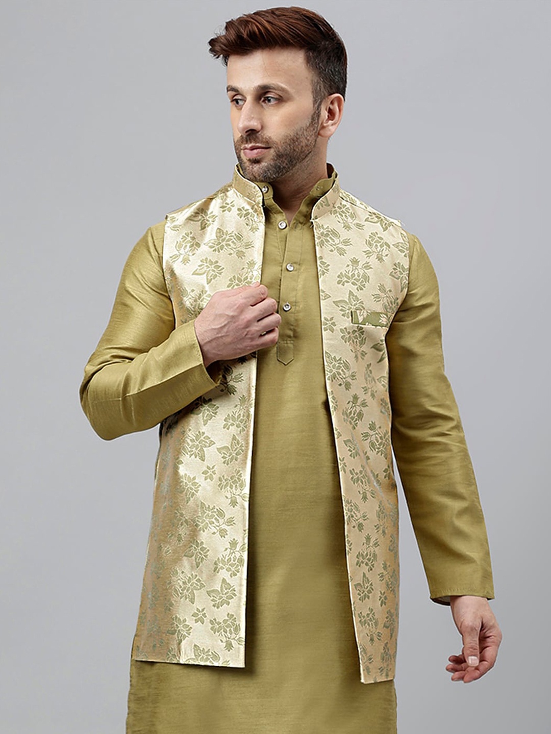

Vgyaan Floral Woven Design Nehru Jacket, Green