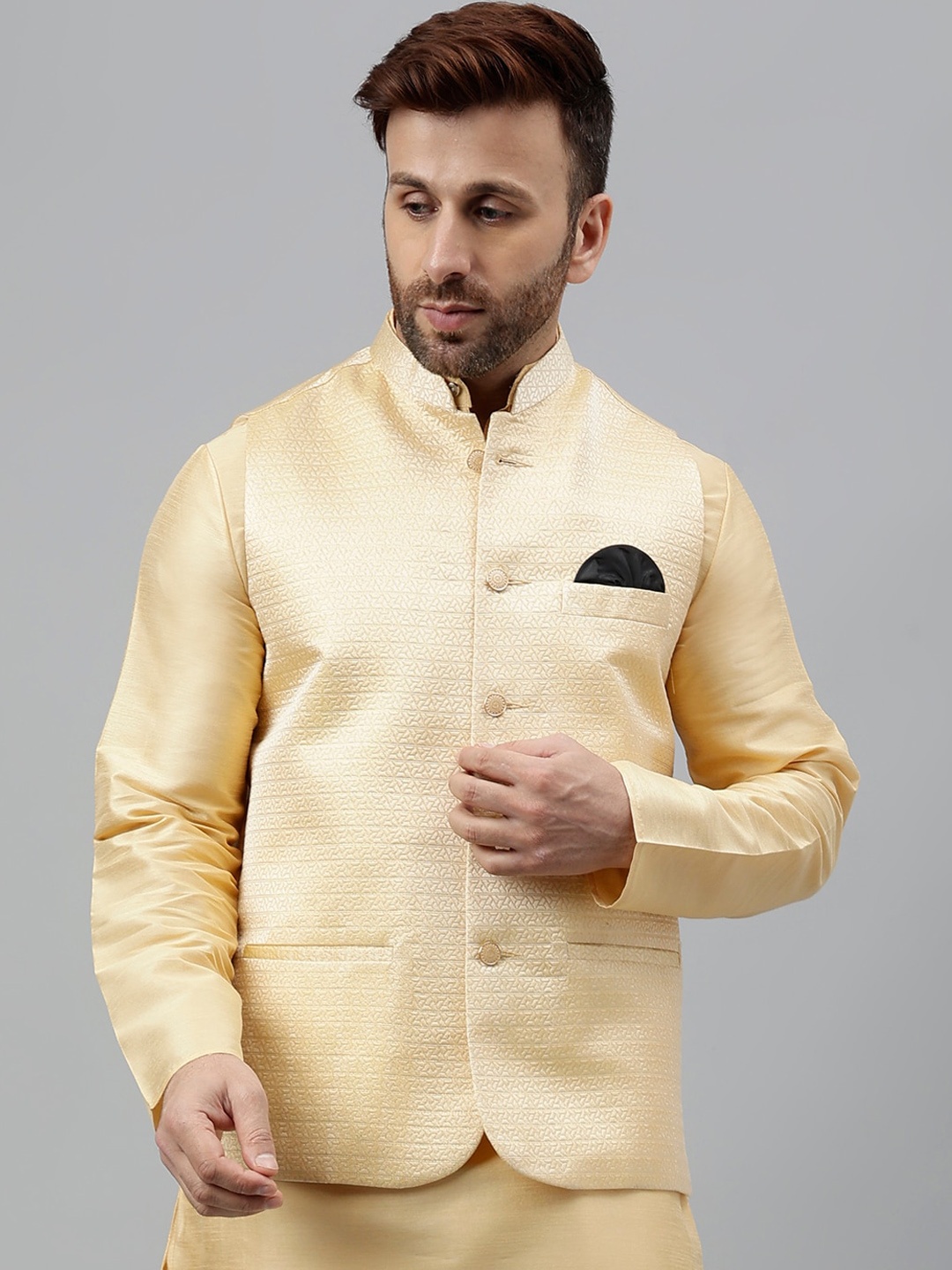 

Vgyaan Woven Design Nehru Jacket, Beige