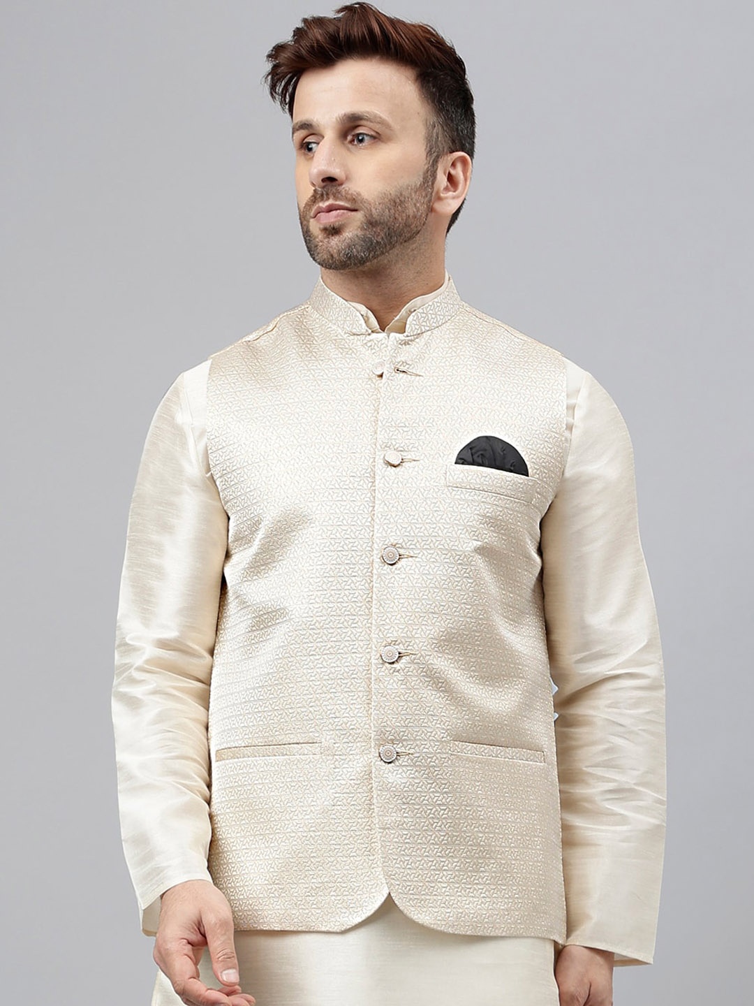 

Vgyaan Woven Design Nehru Jacket, Cream