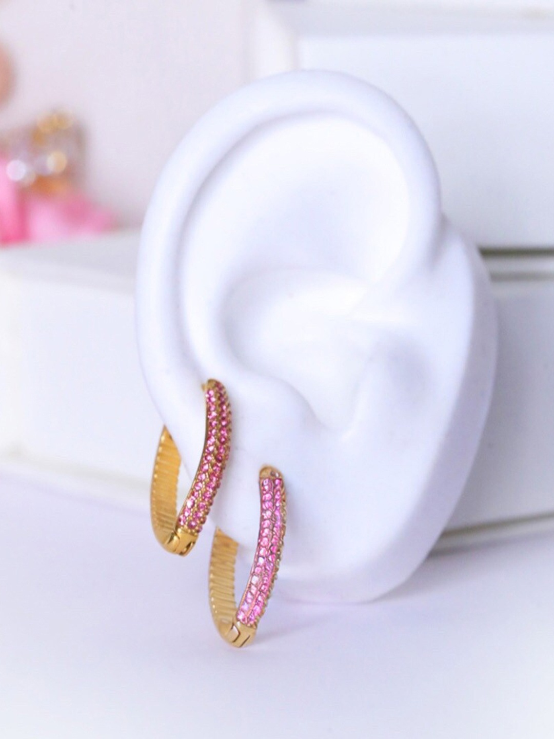 

Inaya Stainless Steel Gold Plated Cubic Zirconia Studded Hoops Earrings, Pink