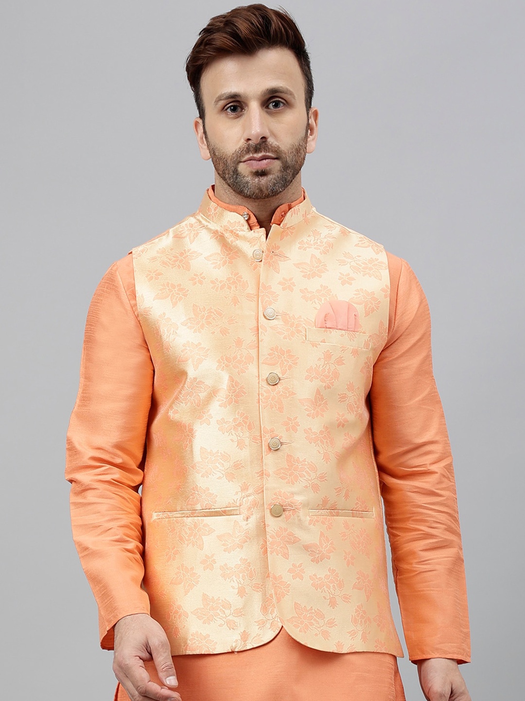 

Vgyaan Printed Woven Nehru Jacket, Peach