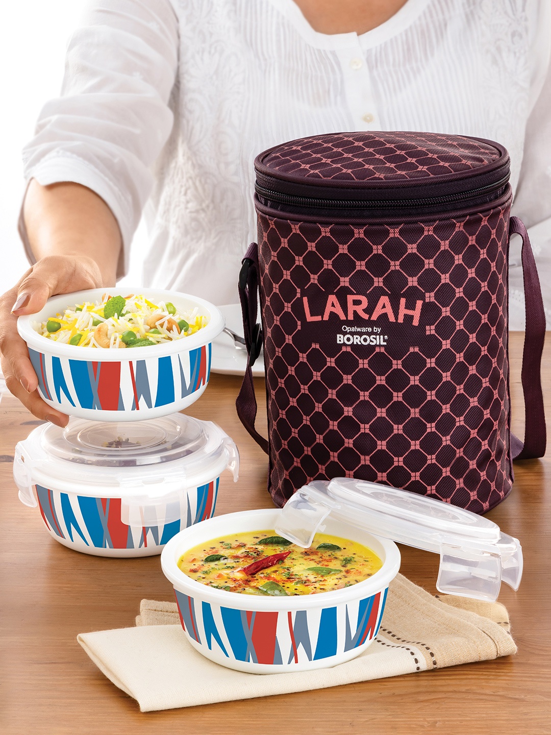 

Larah by BOROSIL White & Blue 3 Pieces Printed Leak Proof Lunch Boxes With Bag 400 ml Each