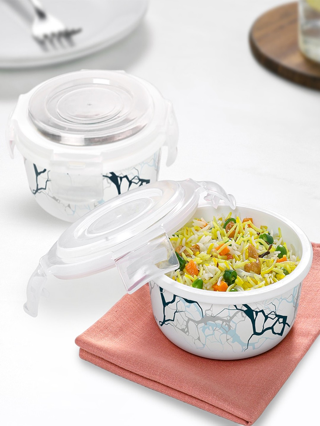 

Larah by BOROSIL Klip-N-Store White Printed 2 Pcs Food Container With Lid-400 ml Each