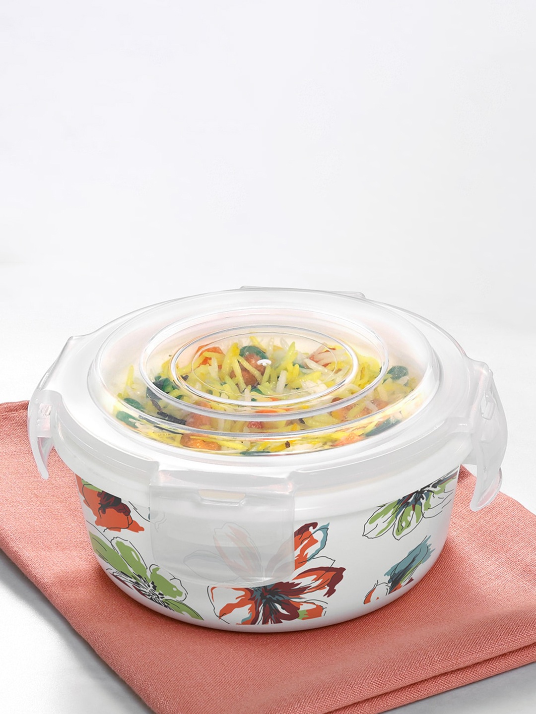 

Larah by BOROSIL Klip-N-Store White Printed Opalware Storage Container & Lid 400 ml