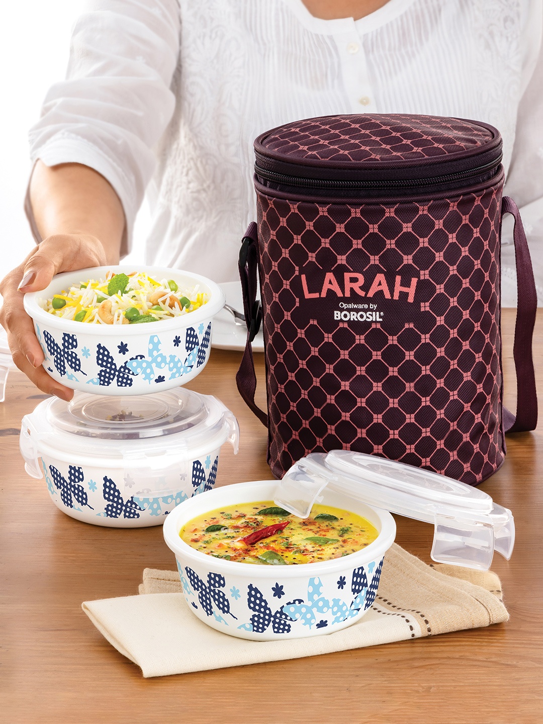 

Larah by BOROSIL Veera White & Blue 3 Pcs Printed Leak Proof Lunch Box With Bag 400ml Each