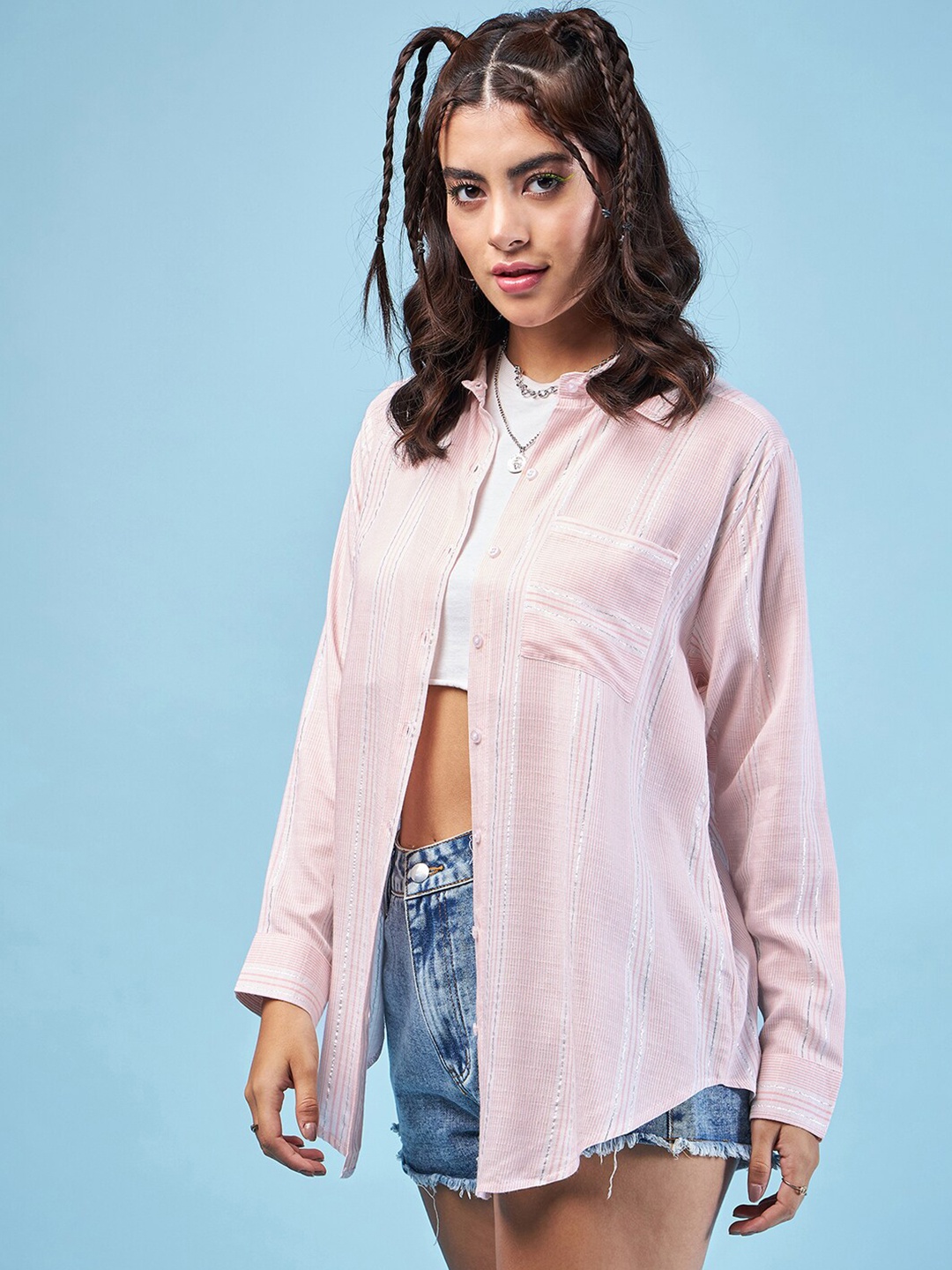

CHIMPAAANZEE Striped Spread Collar Long Sleeves Oversized Casual Shirt, Pink