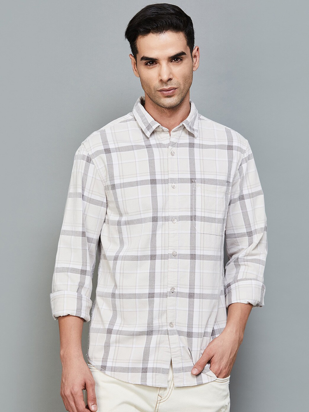 

CODE by Lifestyle Slim Fit Tartan Checked Cotton Casual Shirt, Beige