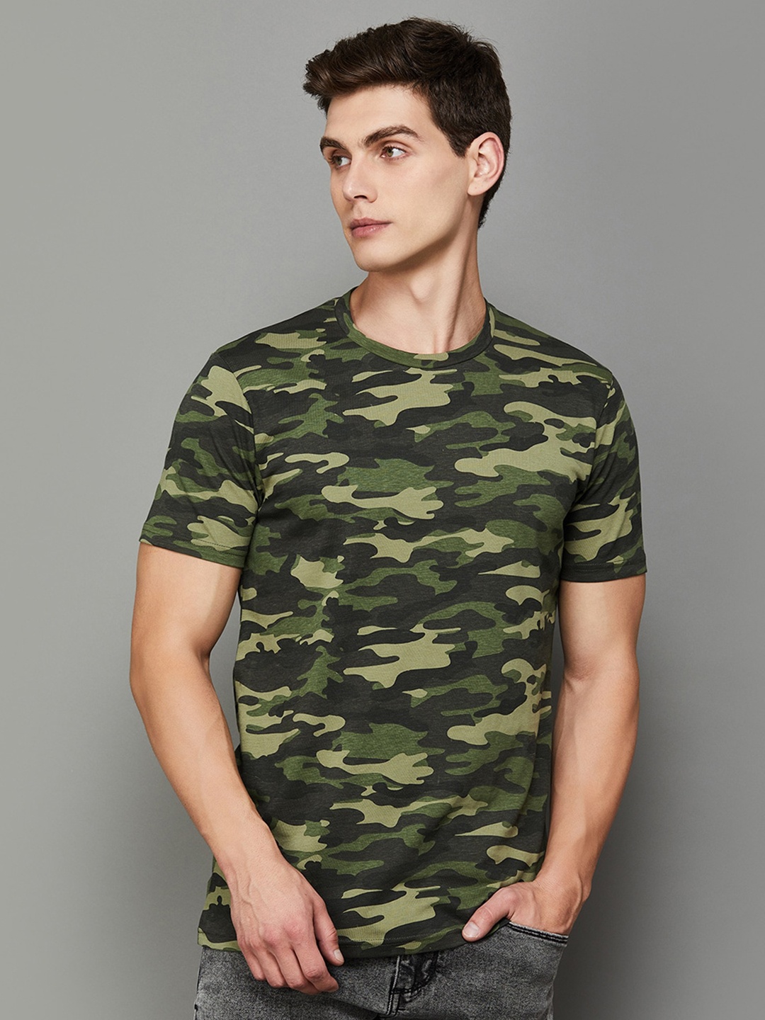 

Bossini Camouflage Printed Cotton Slim Fit T-shirt, Olive