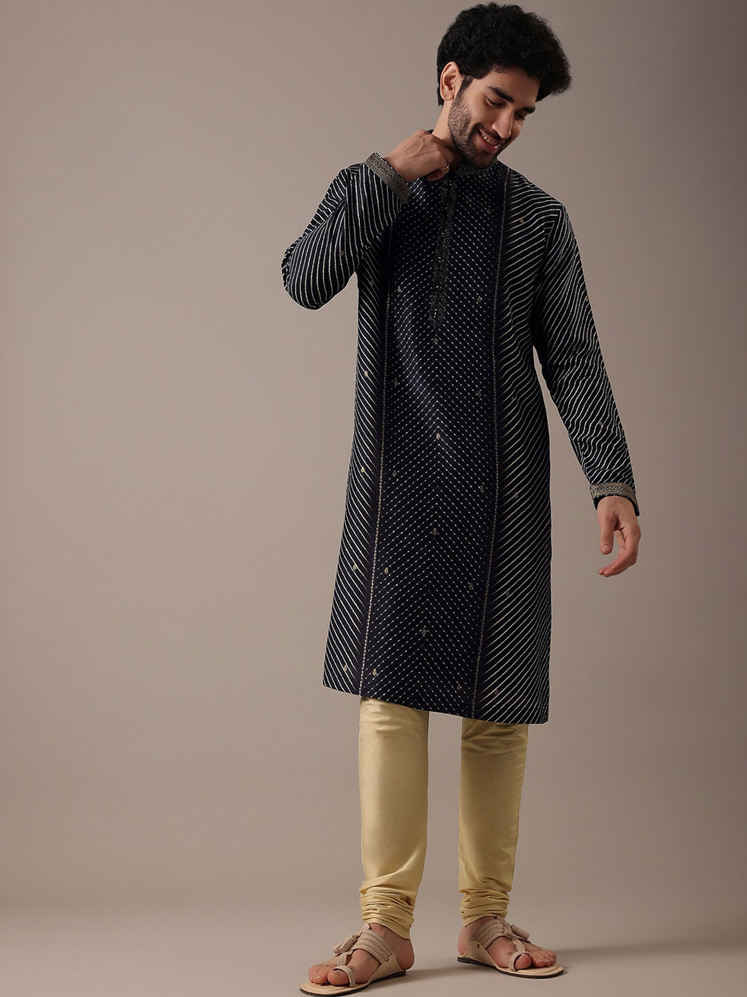 

KALKI Fashion Striped Mandarin Collar Straight Kurta With Churidar, Black