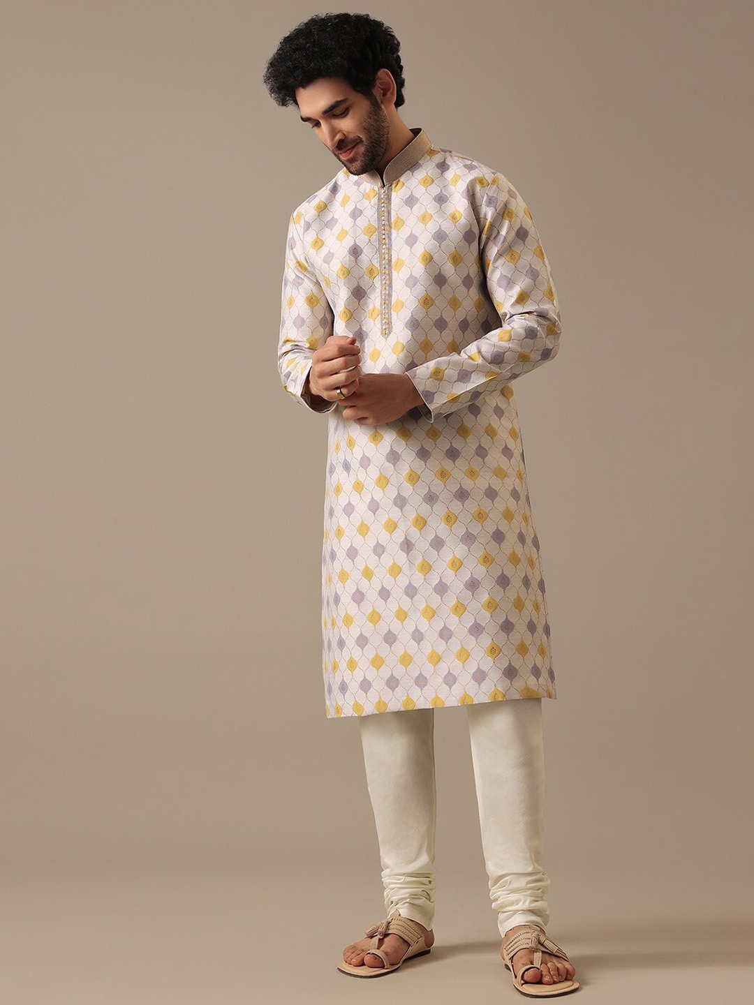

KALKI Fashion Woven Design Regular Linen Kurta with Churidar, Cream