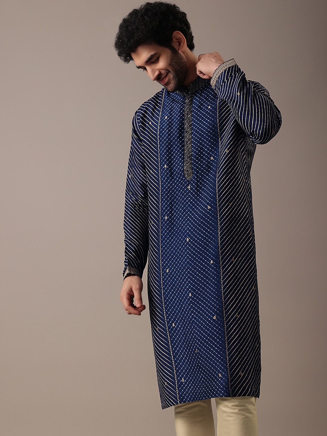 

KALKI Fashion Striped Mandarin Collar Straight Kurta With Churidar, Navy blue