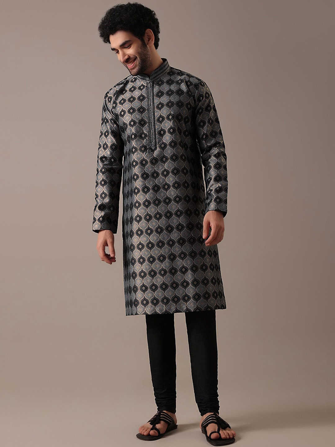 

KALKI Fashion Ethnic Motifs Woven Design Linen Straight Kurta With Pyjamas, Black