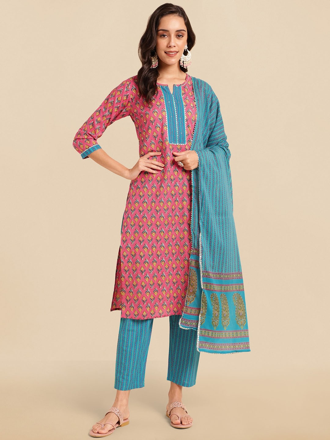

KALINI Ethnic Motifs Printed Gotta Patti Pure Cotton Kurta With Trousers & Dupatta, Pink