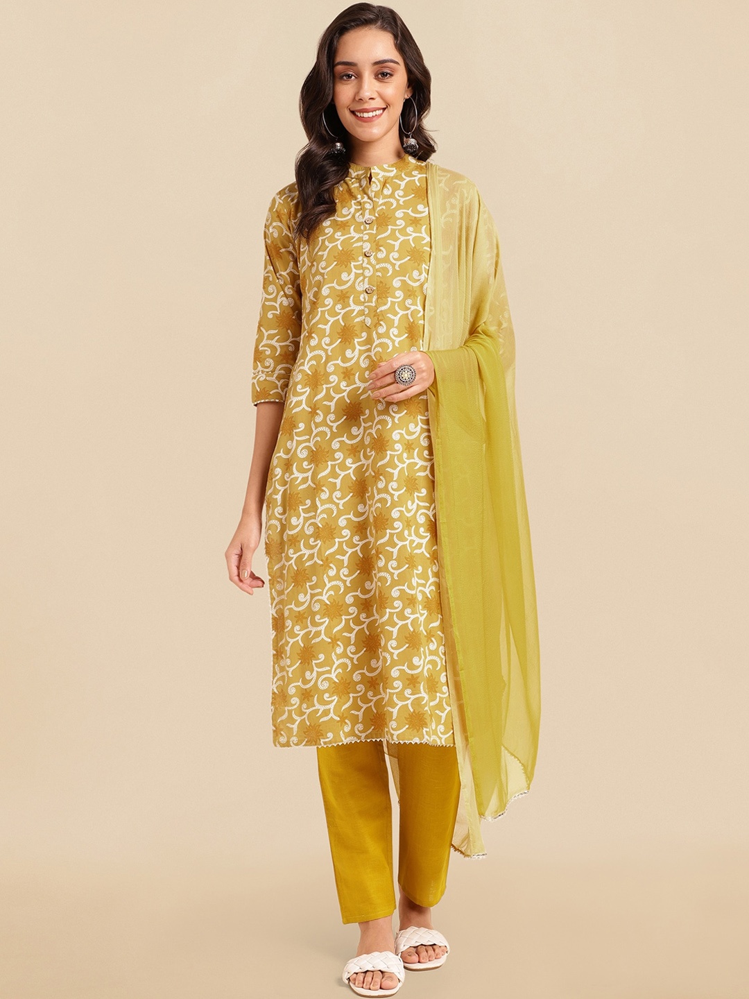 

KALINI Floral Printed Regular Pure Cotton Kurta With Trousers & Dupatta, Mustard