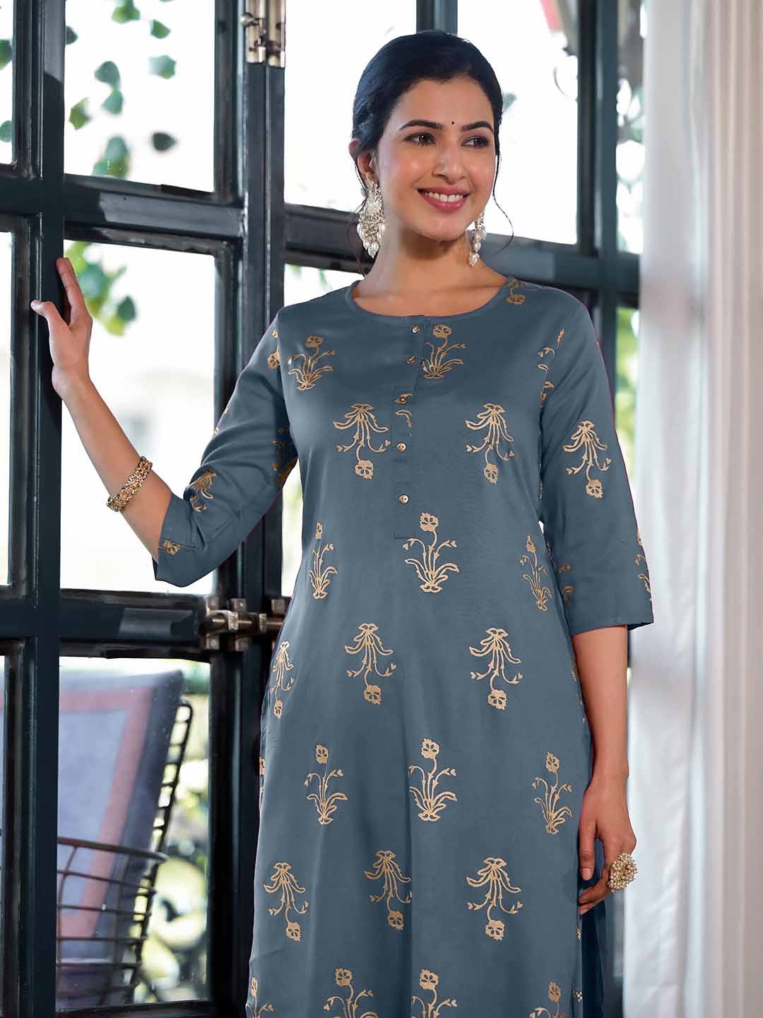 

KALINI Ethnic Motifs Printed Regular Kurta With Dhoti Pants, Grey