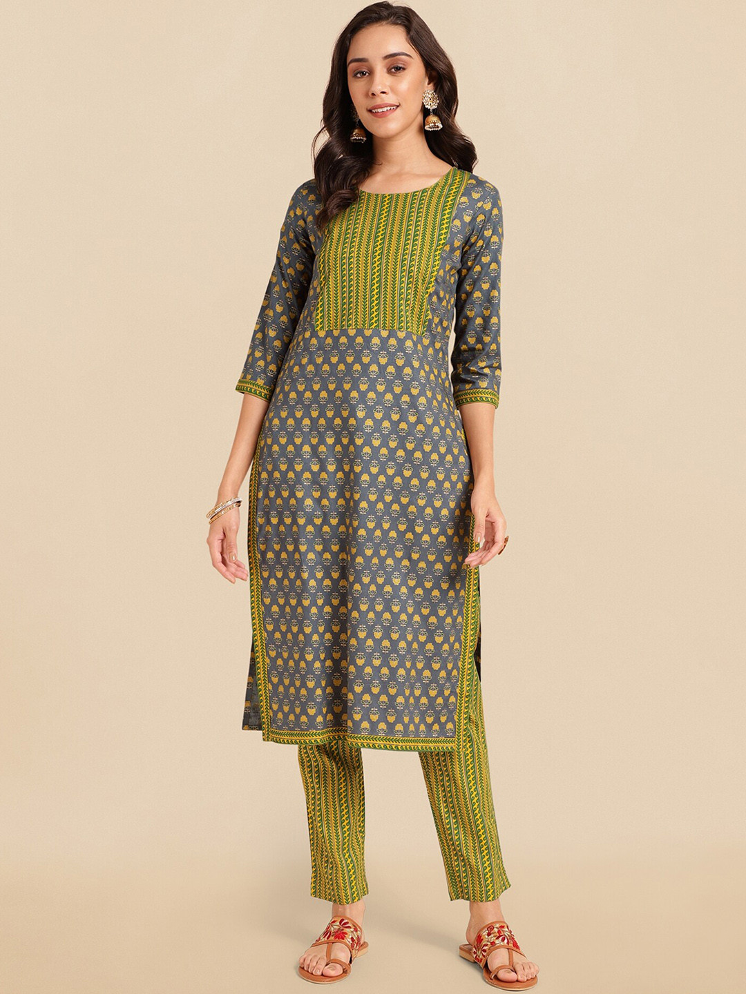 

KALINI Ethnic Motifs Printed Pure Cotton Kurta With Trousers, Grey
