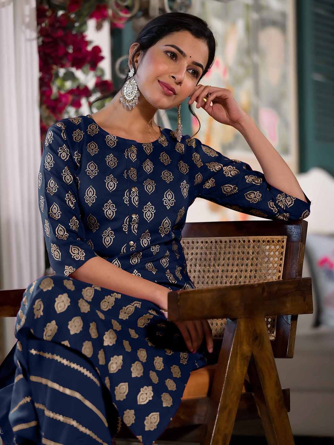 

KALINI Ethnic Motifs Printed Kurta With Salwar, Navy blue