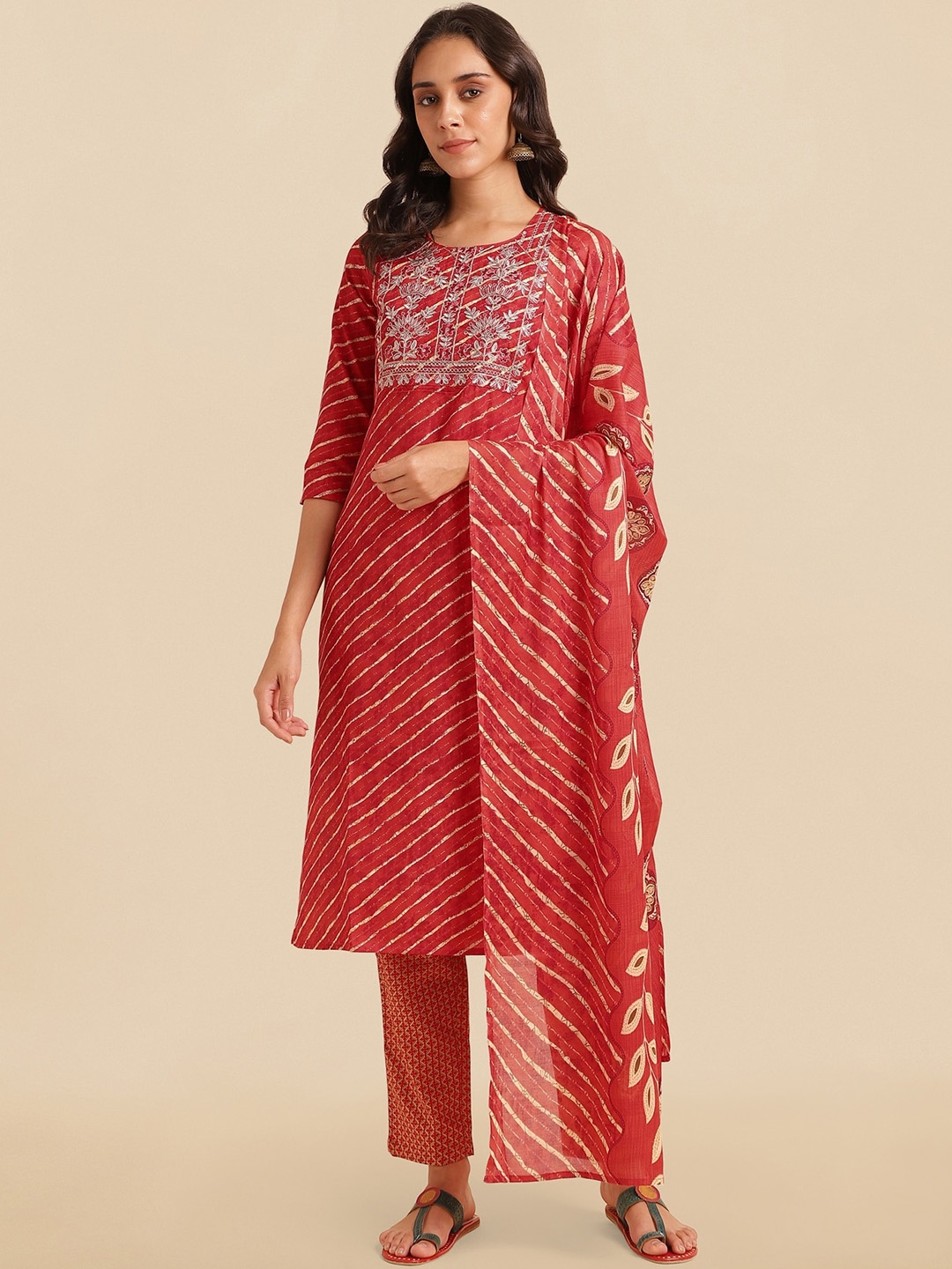 

KALINI Leheriya Printed Sequinned Pure Cotton Kurta With Trousers & Dupatta, Red